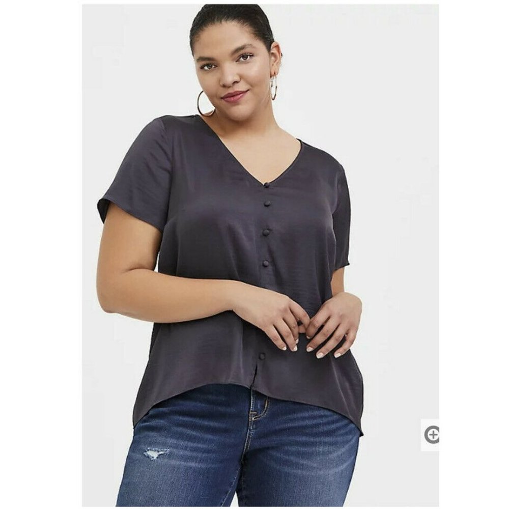 TORRID DARK SLATE GREY TEXTURED CHARMEUSE BUTTON MIDI BLOUSE SIZE 3